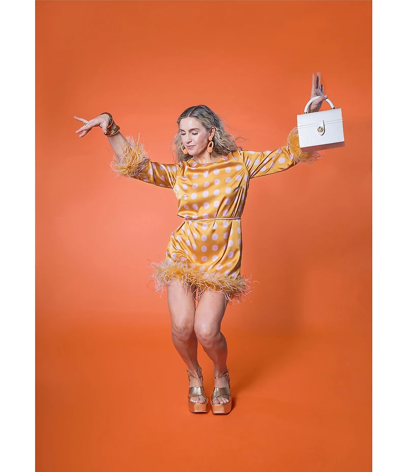 Antonio Melani x Amanda Jones Vaughan Carlotta Printed Satin Polka Dot Feather Belted Shift Dress