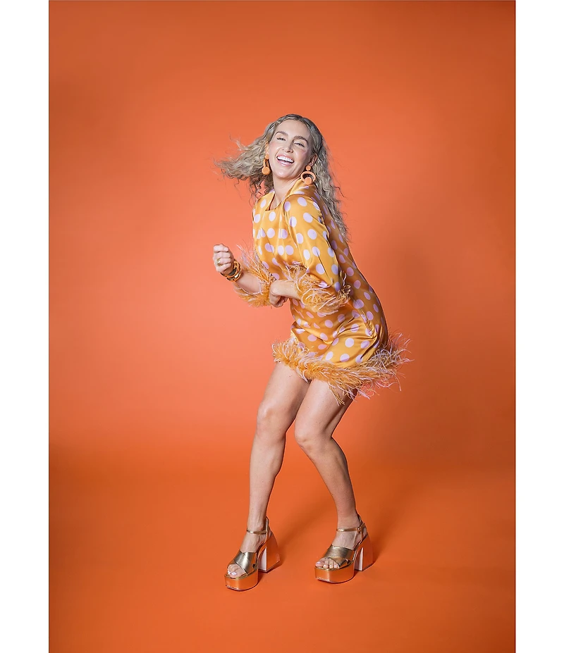 Antonio Melani x Amanda Jones Vaughan Carlotta Printed Satin Polka Dot Feather Belted Shift Dress