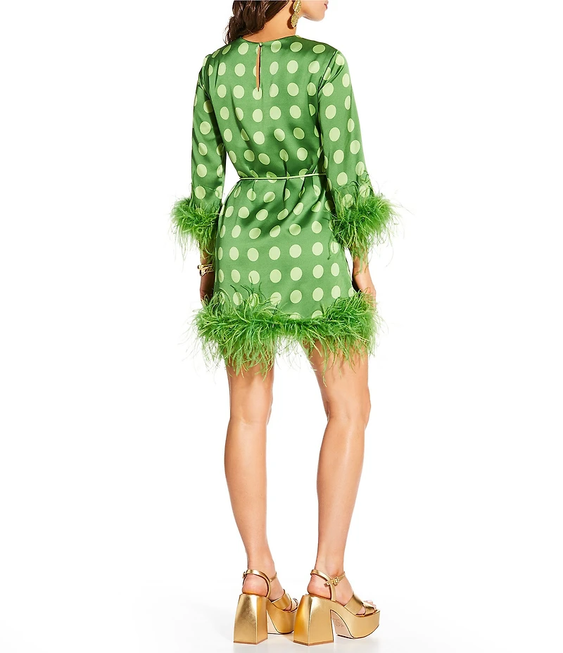 Antonio Melani x Amanda Jones Vaughan Frankie Satin Polka Dot Round Neck Long Sleeve Feather Belted Shift Dress