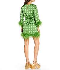 Antonio Melani x Amanda Jones Vaughan Frankie Satin Polka Dot Round Neck Long Sleeve Feather Belted Shift Dress