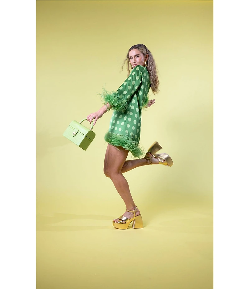 Antonio Melani x Amanda Jones Vaughan Frankie Satin Polka Dot Round Neck Long Sleeve Feather Belted Shift Dress