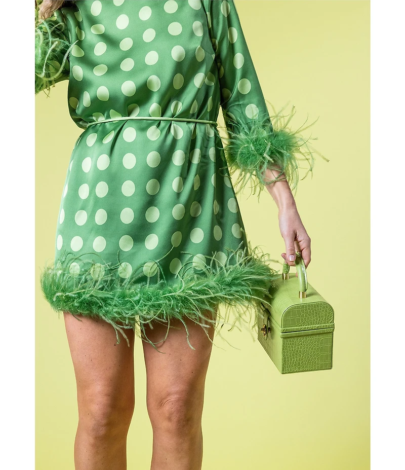 Antonio Melani x Amanda Jones Vaughan Frankie Satin Polka Dot Round Neck Long Sleeve Feather Belted Shift Dress