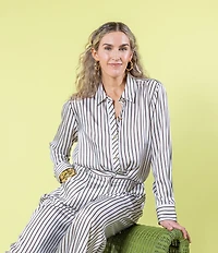 Antonio Melani x Amanda Jones Vaughan Joni Printed Satin Stripe Point Collar Long Sleeve Button Front Blouse