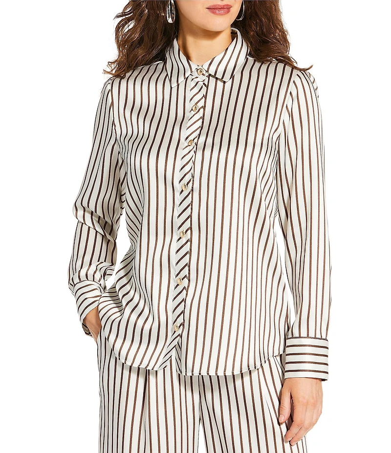 Antonio Melani x Amanda Jones Vaughan Joni Printed Satin Stripe Point Collar Long Sleeve Button Front Blouse