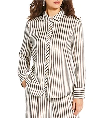 Antonio Melani x Amanda Jones Vaughan Joni Printed Satin Stripe Point Collar Long Sleeve Button Front Blouse
