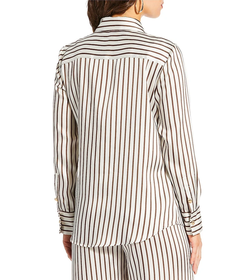 Antonio Melani x Amanda Jones Vaughan Joni Printed Satin Stripe Point Collar Long Sleeve Button Front Blouse