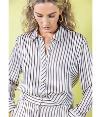 Antonio Melani x Amanda Jones Vaughan Joni Printed Satin Stripe Point Collar Long Sleeve Button Front Blouse
