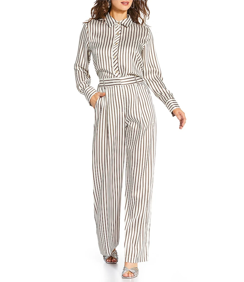Antonio Melani x Amanda Jones Vaughan Joni Printed Satin Stripe Point Collar Long Sleeve Button Front Blouse