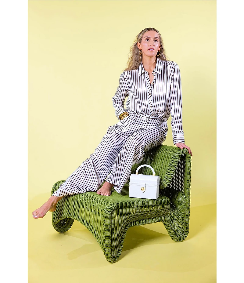 Antonio Melani x Amanda Jones Vaughan Joni Printed Satin Stripe Point Collar Long Sleeve Button Front Blouse