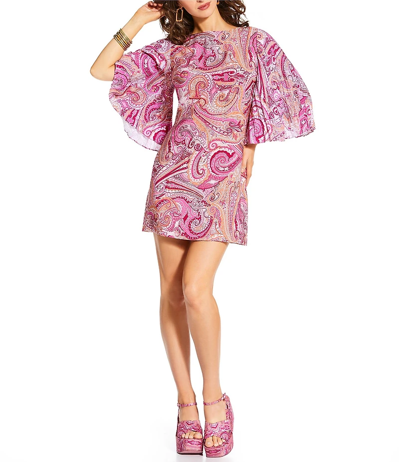 Antonio Melani x Amanda Jones Vaughan Lola Paisley Twill Boat Neck 3/4 Sleeve Shift Mini Dress