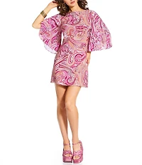 Antonio Melani x Amanda Jones Vaughan Lola Paisley Twill Boat Neck 3/4 Sleeve Shift Mini Dress