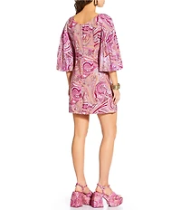 Antonio Melani x Amanda Jones Vaughan Lola Paisley Twill Boat Neck 3/4 Sleeve Shift Mini Dress