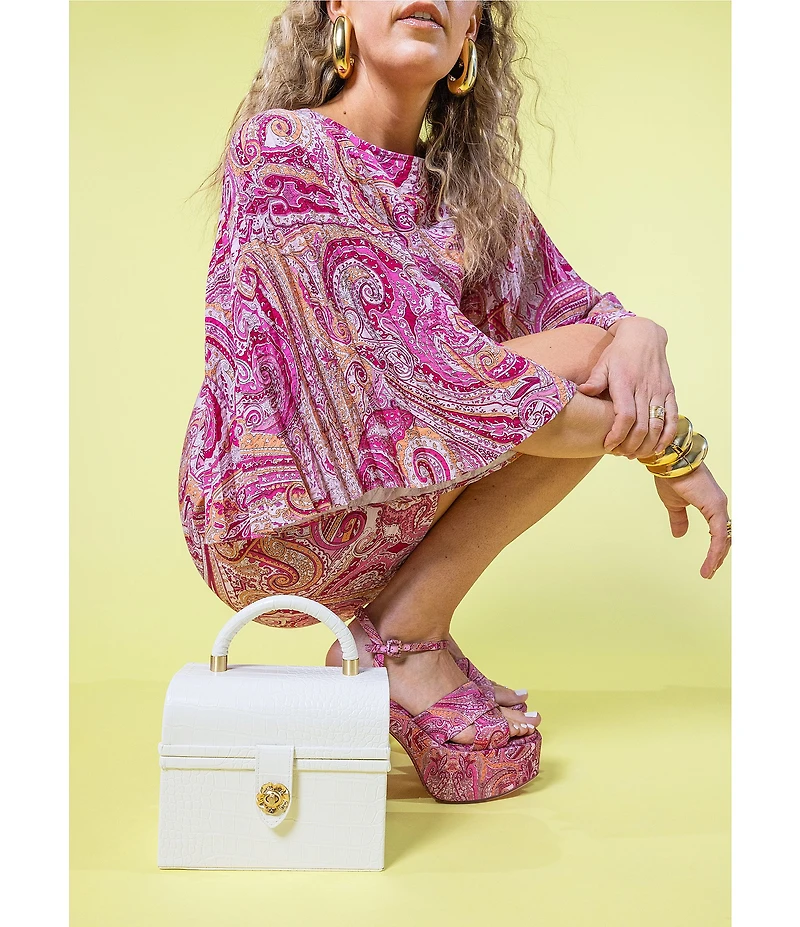 Antonio Melani x Amanda Jones Vaughan Lola Paisley Twill Boat Neck 3/4 Sleeve Shift Mini Dress