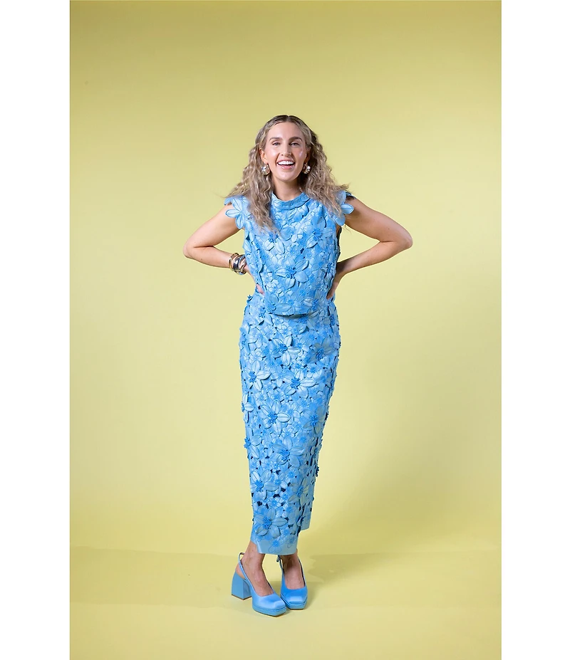 Antonio Melani x Amanda Jones Vaughan Waverly Coordinating 3D Lace Mock Neck Cap Sleeve Blouse