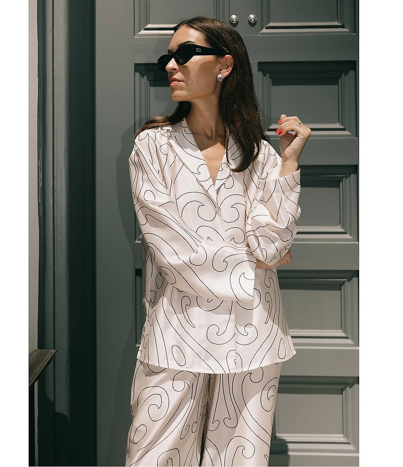 Antonio Melani x Elizabeth Damrich Dali Printed Satin Twill Point Collar Long Sleeve Button Down Blouse