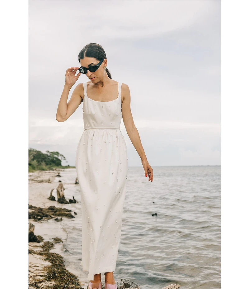 Antonio Melani x Elizabeth Damrich Glass Stretch Mikado Scoop Neck Sleeveless Embellished A-Line Maxi Dress