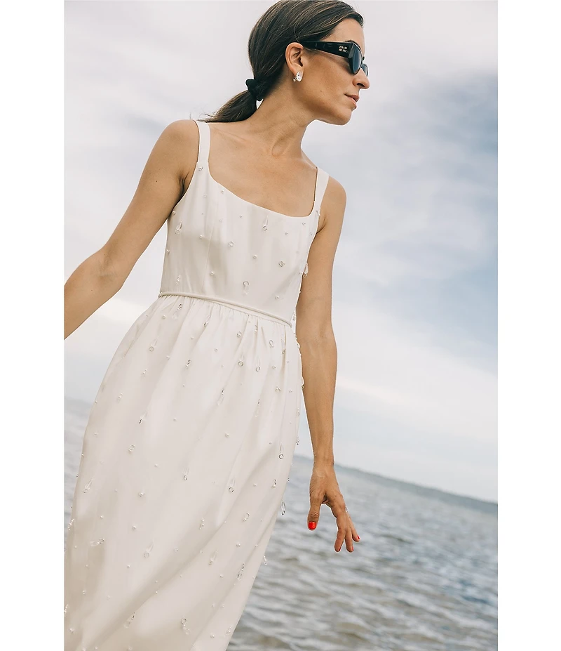 Antonio Melani x Elizabeth Damrich Glass Stretch Mikado Scoop Neck Sleeveless Embellished A-Line Maxi Dress