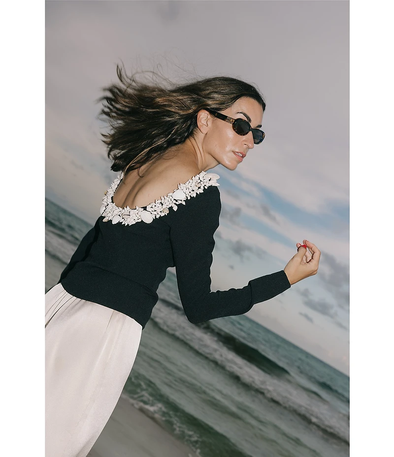 Antonio Melani x Elizabeth Damrich Seashell Crepe Boat Neck Long Sleeve Blouse