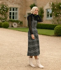 Antonio Melani x Jennifer Sumko Schwan Scroll Print Quilting Sqaure Neck Bow Tie Tank Straps A-Line Midi Dress