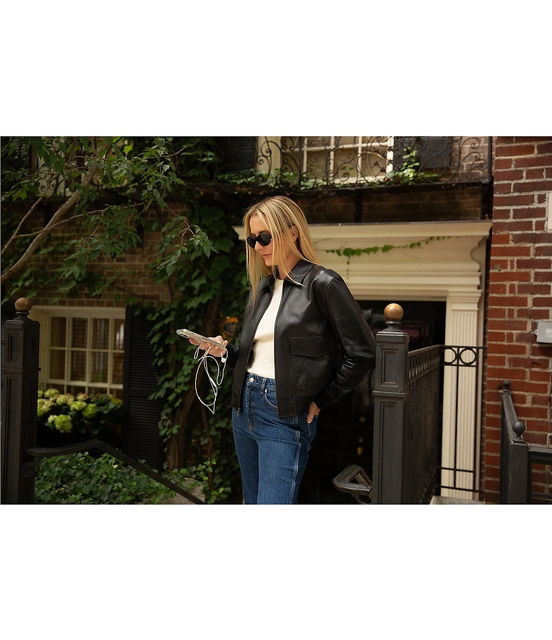 Antonio Melani x Kristen Nichols Crosby Genuine Leather Point Collar Long Sleeve Zip Front Bomber Jacket