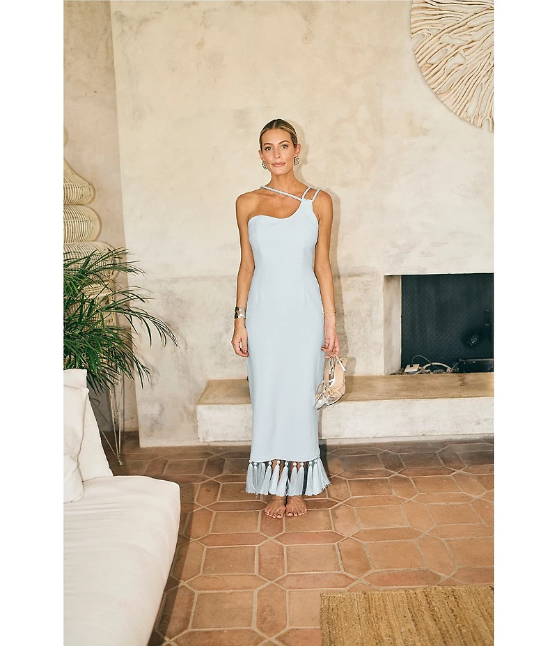Antonio Melani x M.G. Style Kate One Shoulder Sweetheart Neckline Fringe Midi Dress