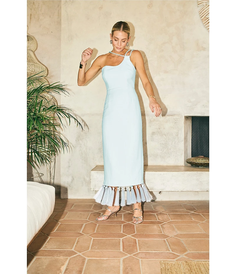 Antonio Melani x M.G. Style Kate One Shoulder Sweetheart Neckline Fringe Midi Dress