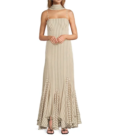 Antonio Melani x M.G. Style Mallie Detached Scarf Square Neck Sleeveless Asymmetrical Hem Mermaid Maxi Dress