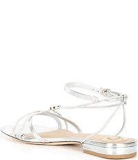 Antonio Melani x M.G. Style Sonny II Leather Pearl Ornamented Ankle Strap Flat Sandals