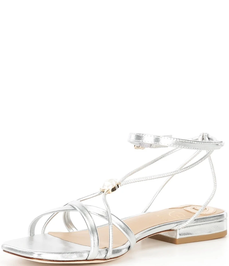 Antonio Melani x M.G. Style Sonny II Leather Pearl Ornamented Ankle Strap Flat Sandals