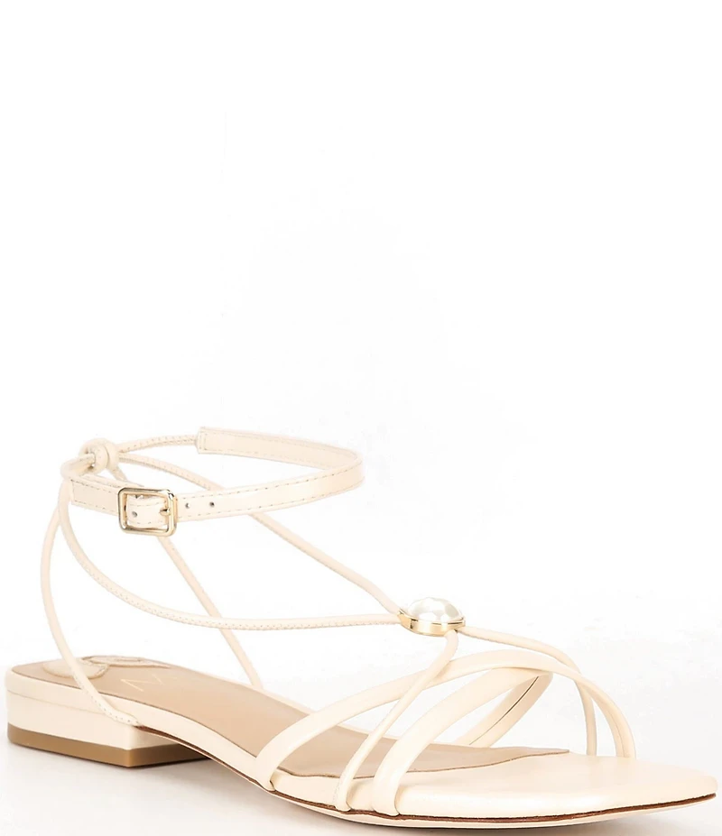 Antonio Melani x M.G. Style Sonny II Leather Pearl Ornamented Ankle Strap Flat Sandals