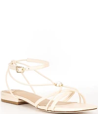 Antonio Melani x M.G. Style Sonny II Leather Pearl Ornamented Ankle Strap Flat Sandals