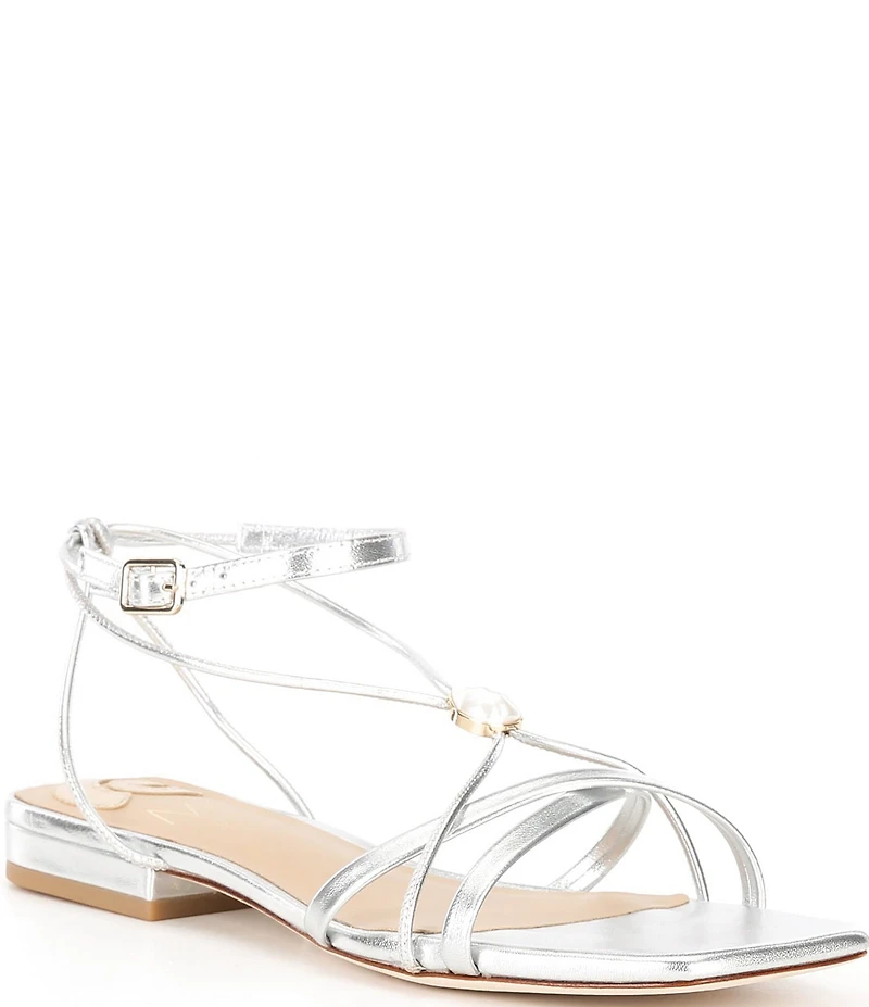 Antonio Melani x M.G. Style Sonny II Leather Pearl Ornamented Ankle Strap Flat Sandals