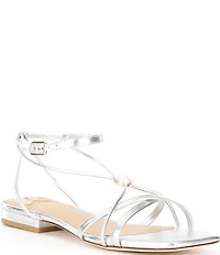 Antonio Melani x M.G. Style Sonny II Leather Pearl Ornamented Ankle Strap Flat Sandals