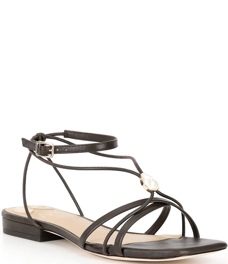 Antonio Melani x M.G. Style Sonny II Leather Pearl Ornamented Ankle Strap Flat Sandals