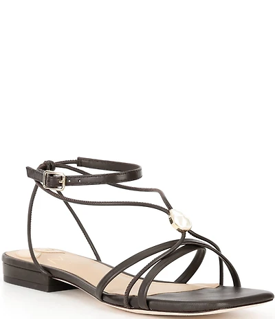 Antonio Melani x M.G. Style Sonny II Leather Pearl Ornamented Ankle Strap Flat Sandals