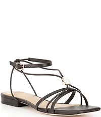 Antonio Melani x M.G. Style Sonny II Leather Pearl Ornamented Ankle Strap Flat Sandals
