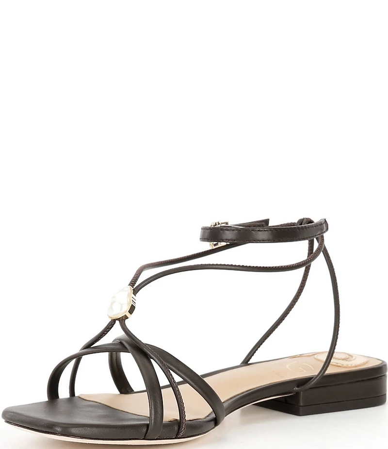 Antonio Melani x M.G. Style Sonny II Leather Pearl Ornamented Ankle Strap Flat Sandals