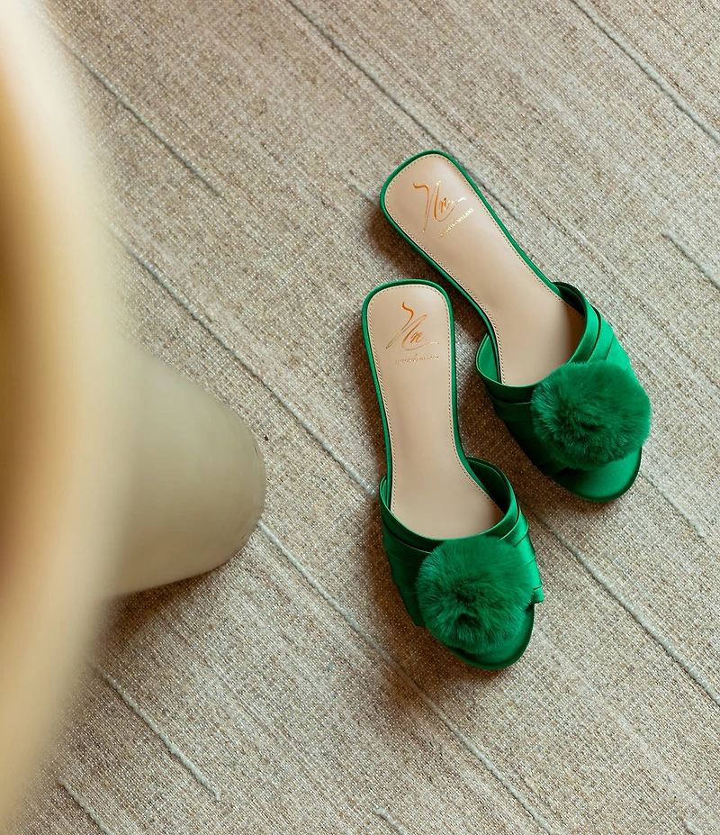 Antonio Melani x The Nat Note Olga Satin Pom Detail Slide Sandals