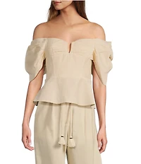 Antonio Melani x Style by Simkins Coordinating Lynn Linen Blend Off the Shoulder Short Sleeve Top