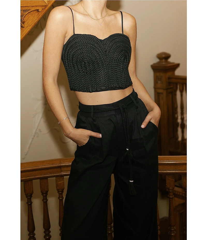 Antonio Melani x Style by Simkins Coordinating Sarah Linen Blend Rope Applique Sweetheart Neck Sleeveless Top