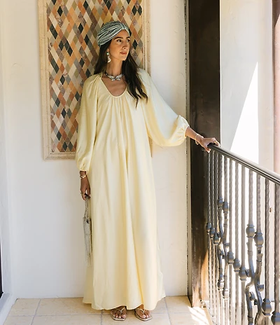 Antonio Melani x Stephanie Covington Ashley Voile Ruched Scoop Neck Long Blouson Sleeve Caftan Maxi Dress