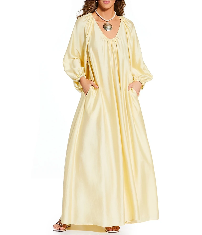 Antonio Melani x Stephanie Covington Ashley Voile Ruched Scoop Neck Long Blouson Sleeve Caftan Maxi Dress