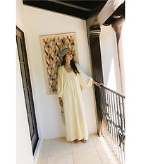 Antonio Melani x Stephanie Covington Ashley Voile Ruched Scoop Neck Long Blouson Sleeve Caftan Maxi Dress