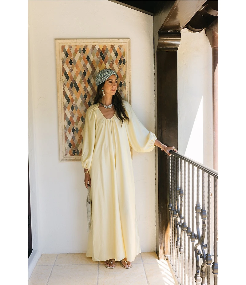 Antonio Melani x Stephanie Covington Ashley Voile Ruched Scoop Neck Long Blouson Sleeve Caftan Maxi Dress