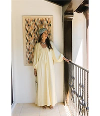 Antonio Melani x Stephanie Covington Ashley Voile Ruched Scoop Neck Long Blouson Sleeve Caftan Maxi Dress