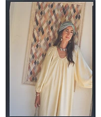 Antonio Melani x Stephanie Covington Ashley Voile Ruched Scoop Neck Long Blouson Sleeve Caftan Maxi Dress