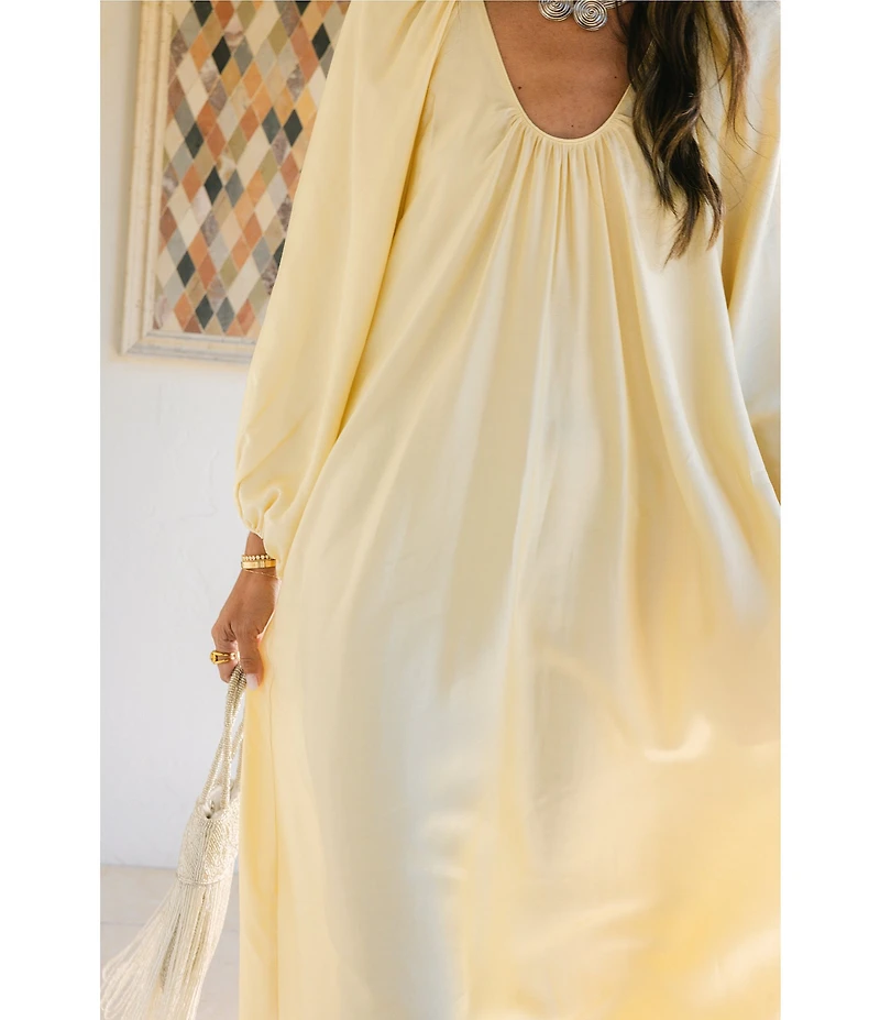 Antonio Melani x Stephanie Covington Ashley Voile Ruched Scoop Neck Long Blouson Sleeve Caftan Maxi Dress