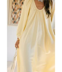 Antonio Melani x Stephanie Covington Ashley Voile Ruched Scoop Neck Long Blouson Sleeve Caftan Maxi Dress