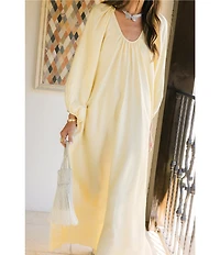 Antonio Melani x Stephanie Covington Ashley Voile Ruched Scoop Neck Long Blouson Sleeve Caftan Maxi Dress