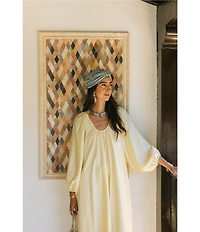 Antonio Melani x Stephanie Covington Ashley Voile Ruched Scoop Neck Long Blouson Sleeve Caftan Maxi Dress